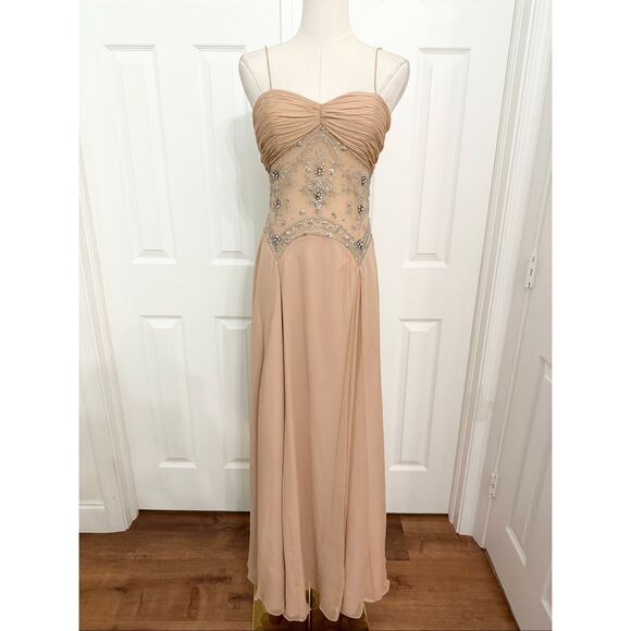 Basix II Nude Illusion Peach Silk Chiffon Beaded Jeweled Maxi Evening Gown 2 NWT - Picture 1 of 12
